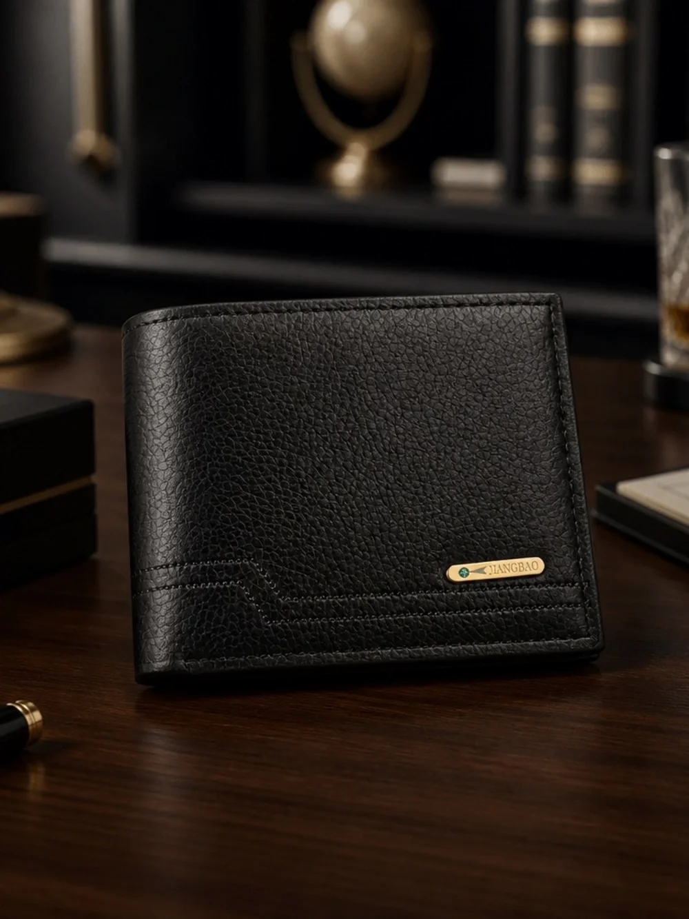 Men’s Slim Black Leather Bifold RFID Blocking Etched Design Wallet